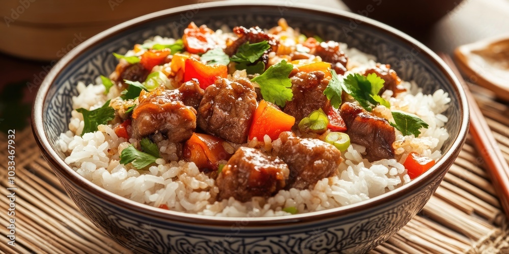 Chinese cuisine, rice with pork and meat Chinese cuisine, rice with pork and meat
