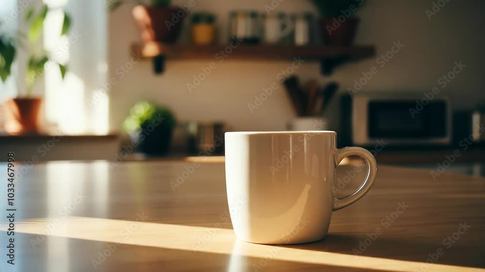 Cozy morning with warm sunlight on ceramic coffee mug on wooden table Cozy morning with warm sunlight on ceramic coffee mug on wooden table
