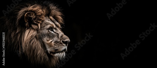 Majestic lion profile, detailed mane, intense gaze, dark background