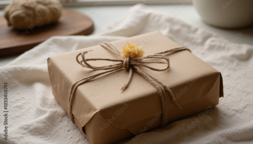 Brown paper gift wrapped with twine and dried flower decoration Brown paper gift wrapped with twine and dried flower decoration
