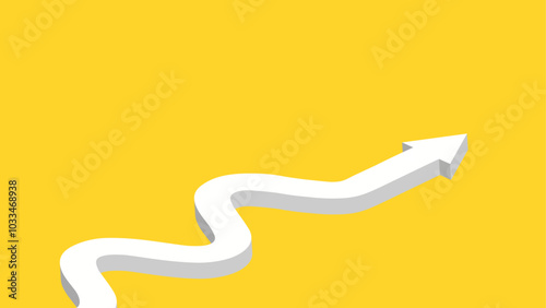 A white 3D snaking arrow moves forward on a solid yellow background. Concept of a winding road, moving forward on a difficult path full of curves.