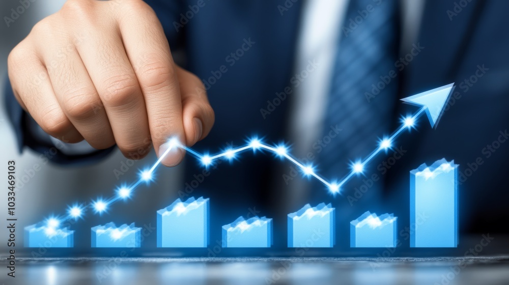 Business Growth Concept with Hand Touching Upward Arrow and Chart Business Growth Concept with Hand Touching Upward Arrow and Chart