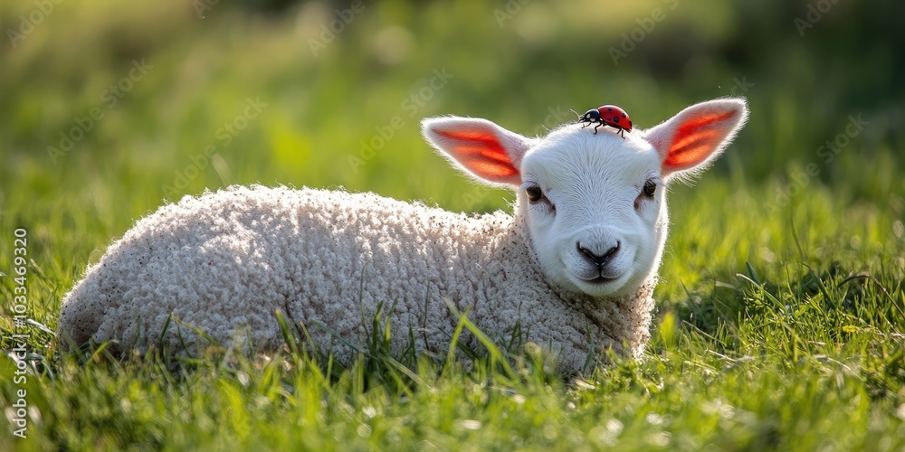 Easter lamb with a ladybug resting on its ear Easter lamb with a ladybug resting on its ear