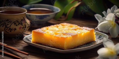 Tasty Taiwanese pineapple cake dessert served on a plate against a wooden table backdrop, accompanied by hot tea.