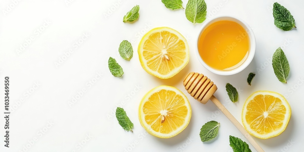 Honey combined with lemon and mint on a white background. Honey combined with lemon and mint on a white background.