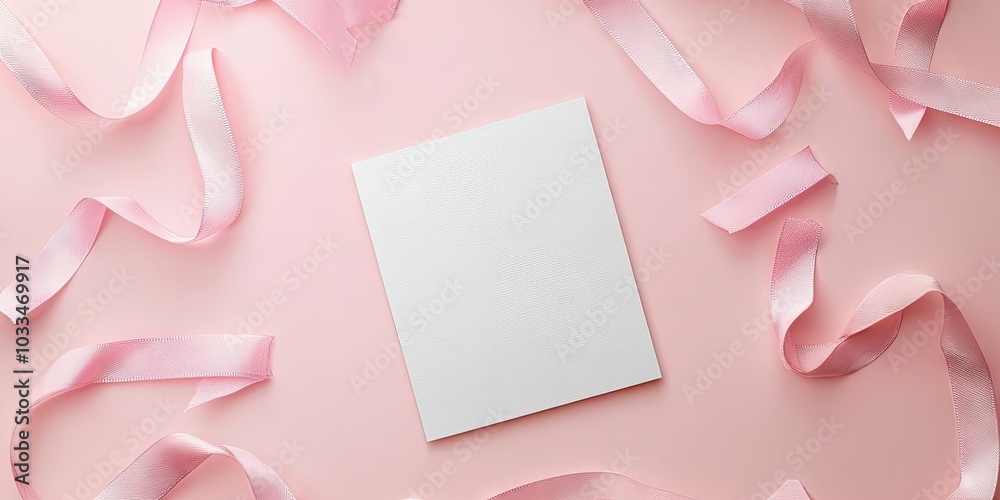 Arrangement with a blank card and awareness ribbons on a pink backdrop. World Cancer Day Arrangement with a blank card and awareness ribbons on a pink backdrop. World Cancer Day