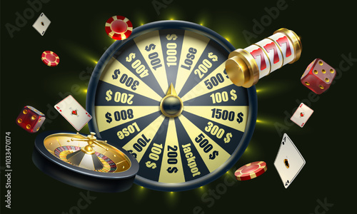Casino background. Wheel fortune, roulette wheel, playing chips, dice, poker cards .  Symbol of good luck with winning jackpot