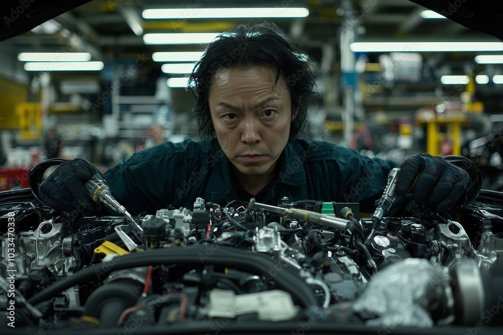 A mechanic working on a car's engine in the garage during the repair and service process. Customer service and working on a car engine. The concept of the automobile and the car. A mechanic working on a car's engine in the garage during the repair and service process. Customer service and working on a car engine. The concept of the automobile and the car.