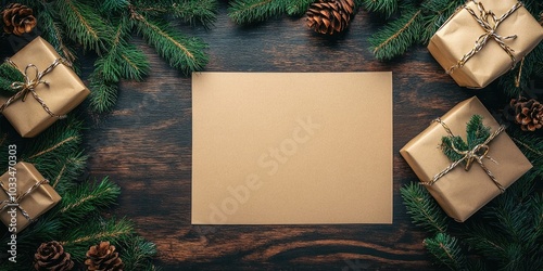 Christmas background or greeting card. Present box, paper sheet, fir tree branch, and decorations on a dark wooden table. Copyspace for your well wishes. photo