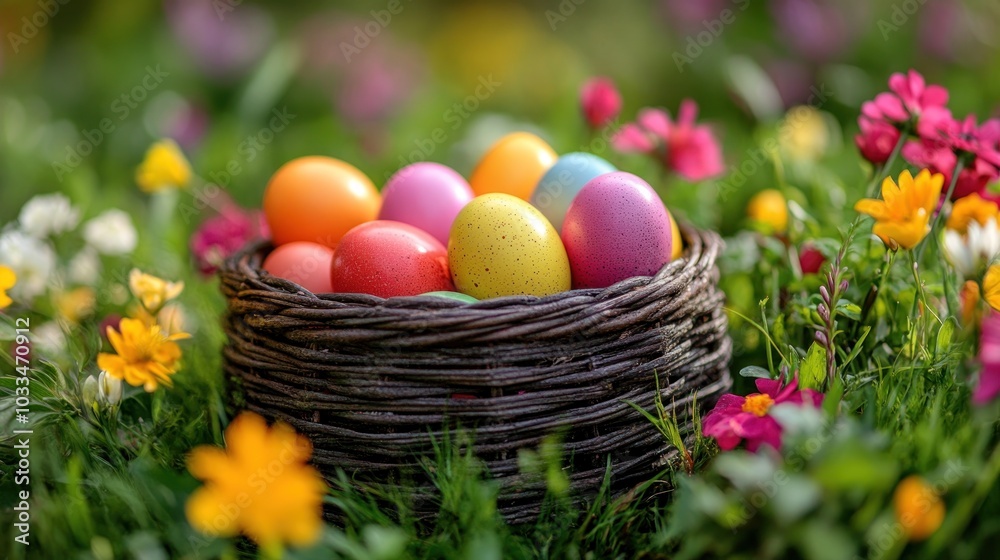 Colorful Easter Eggs Nestled in a Wicker Basket Amidst Spring Flowers Colorful Easter Eggs Nestled in a Wicker Basket Amidst Spring Flowers