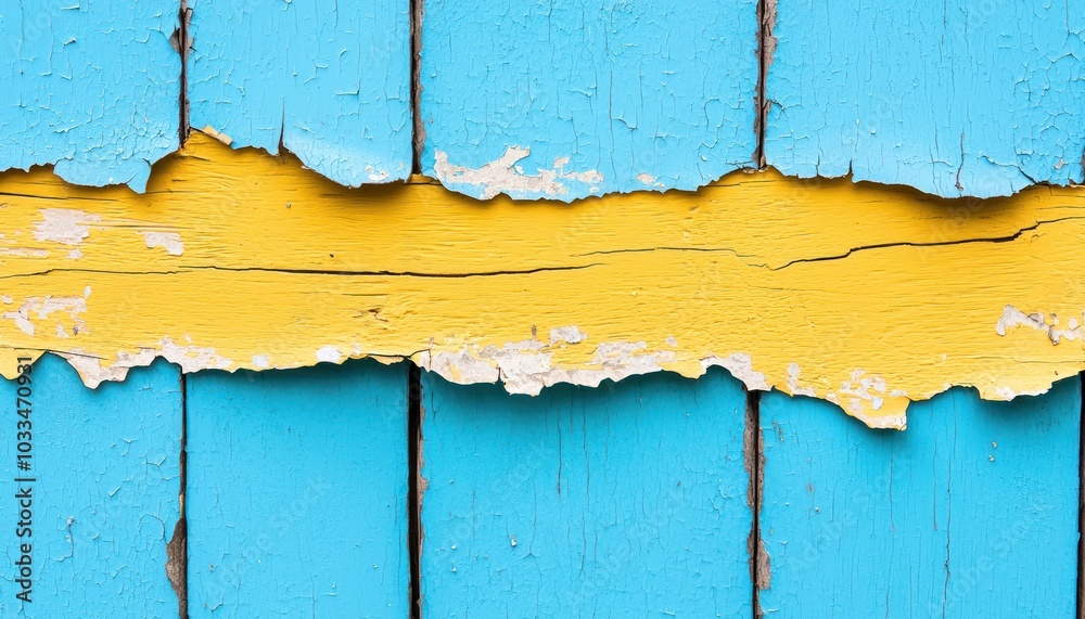 A vibrant blue wooden surface with a striking yellow peeling paint strip, showcasing a contrasting and weathered aesthetic. A vibrant blue wooden surface with a striking yellow peeling paint strip, showcasing a contrasting and weathered aesthetic.