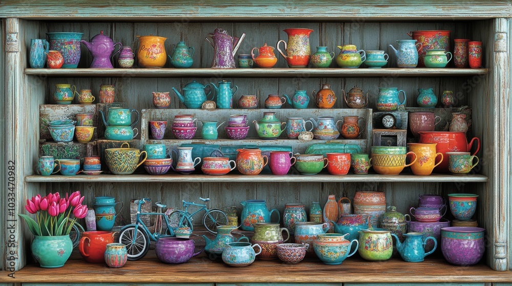 Fototapeta premium Colorful Ceramic Teapots and Mugs on Rustic Wooden Shelves