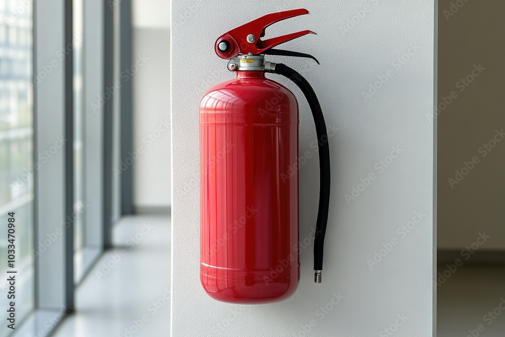 A fire extinguisher mounted on a wall with copyspace clear daylight safety zone background. A fire extinguisher mounted on a wall with copyspace clear daylight safety zone background.