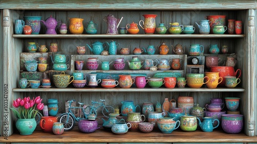 Colorful Ceramic Teapots and Mugs on Rustic Wooden Shelves