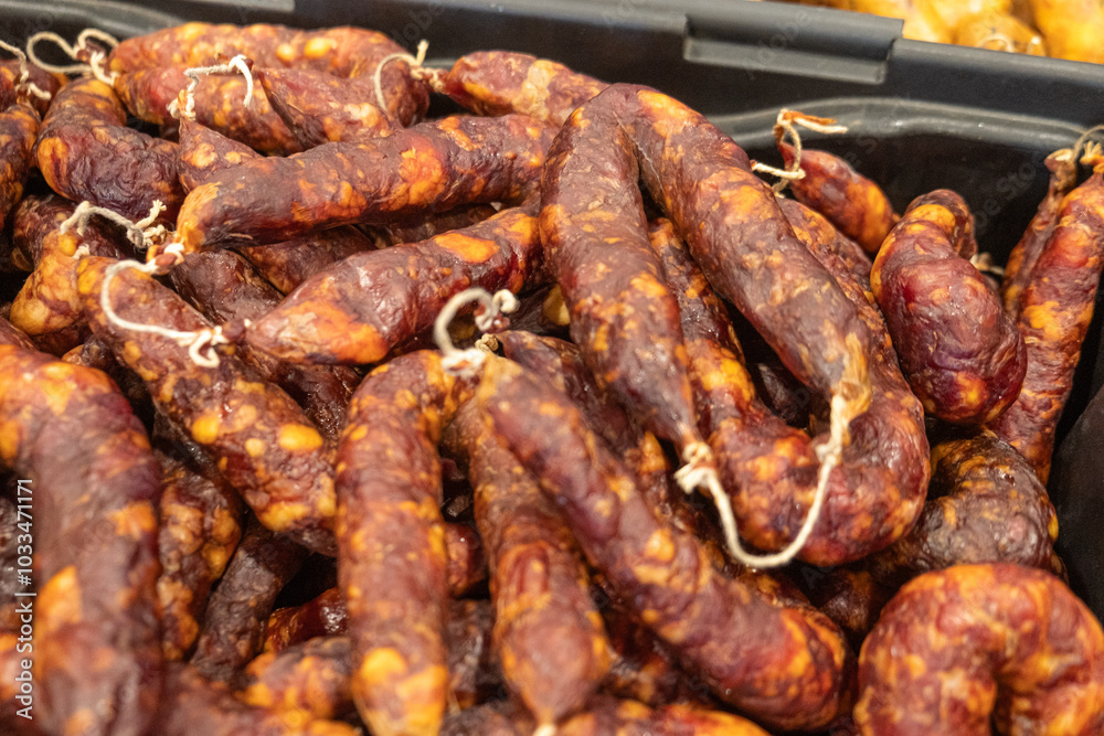 smoked pork sausages called chouriço, typical of northern Portugal. Feira do Fumeiro event, Montalegre