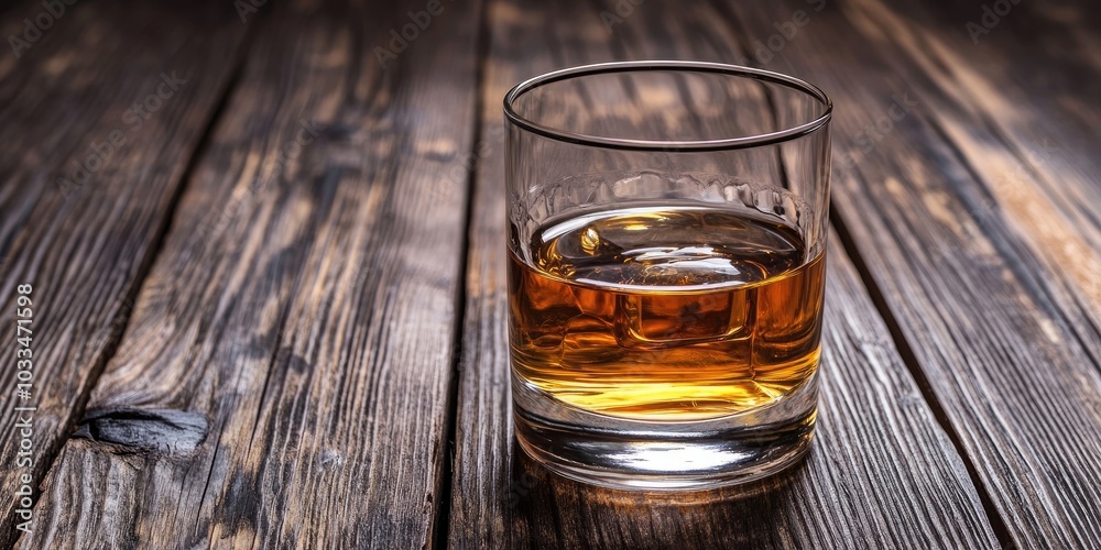 Whiskey in a glass arranged on a dark wooden surface. Whiskey in a glass arranged on a dark wooden surface.