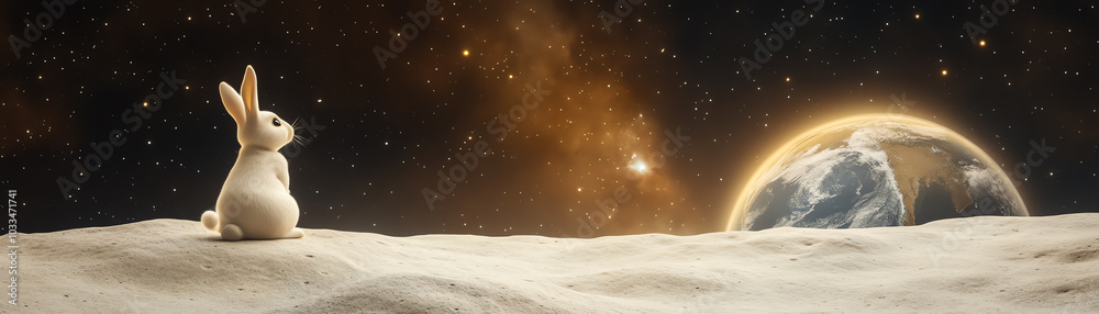 Fototapeta premium White rabbit on the moon looking at Earth from space
