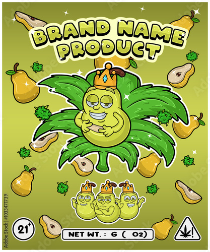 Cartoon pears flavor with cannabis leaf, designed for logo, label or packaging