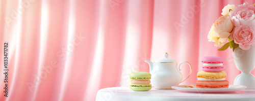 Elegant afternoon tea stand with luxury teapot, intricate cakes, colorful macarons, soft pink tones, princess-inspired theme, high-end luxury atmosphere. photo