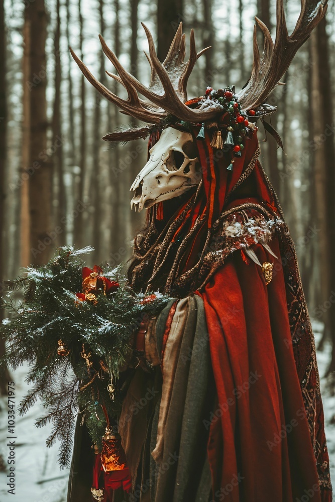 Person in deer skull mask and red robe holding winter greenery in snowy forest. Mystical winter solstice concept. Person in deer skull mask and red robe holding winter greenery in snowy forest. Mystical winter solstice concept.