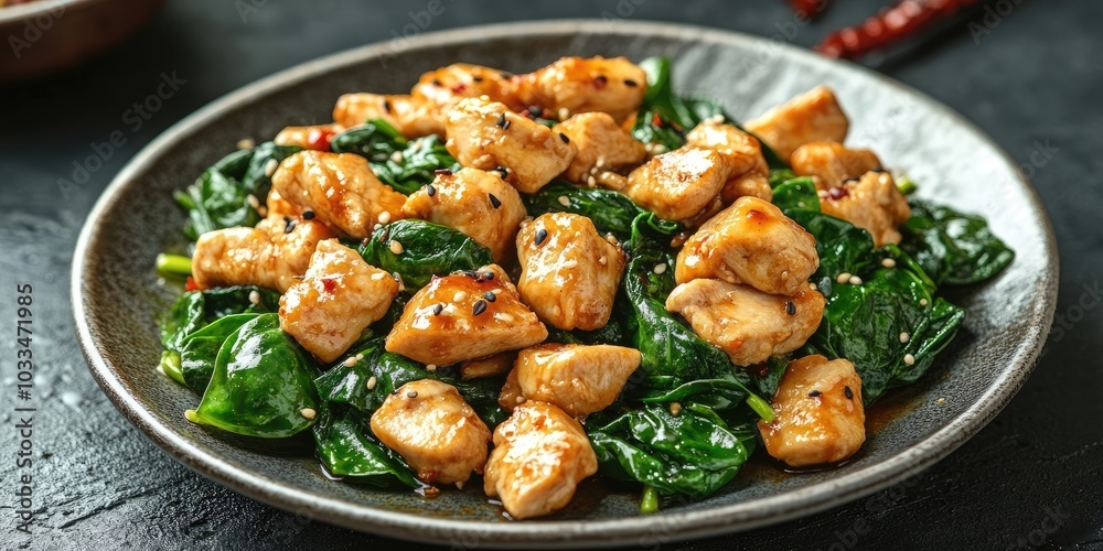 Chinese cuisine featuring healthy spinach and chicken stir-fried for comfort. Chinese cuisine featuring healthy spinach and chicken stir-fried for comfort.