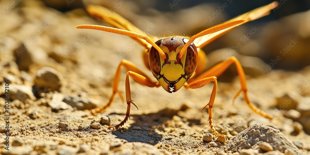 Fototapeta premium A thirsty yellow paper wasp on the ground.