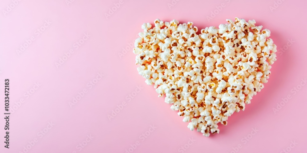 Popcorn heart on a pink background. Valentine's Day gift cinema theme. Top view flat lay with copyspace. Area for an idea, quote, or film title. Popcorn heart on a pink background. Valentine's Day gift cinema theme. Top view flat lay with copyspace. Area for an idea, quote, or film title.