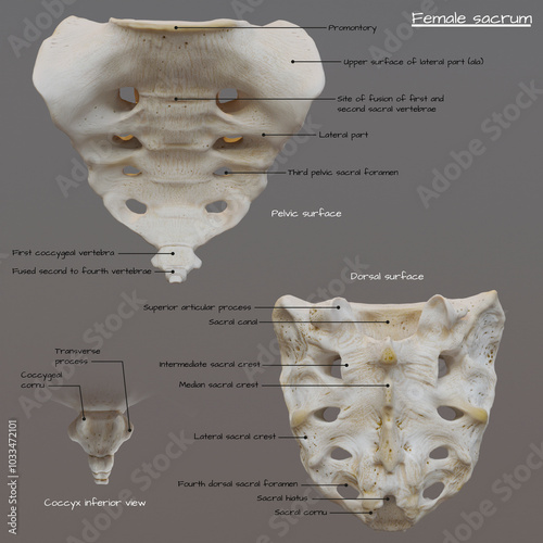 Anatomy of female sacrum, illustration