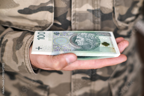 Obraz na płótnie Army, military investments. A soldier holding Polish banknotes.
w salonie