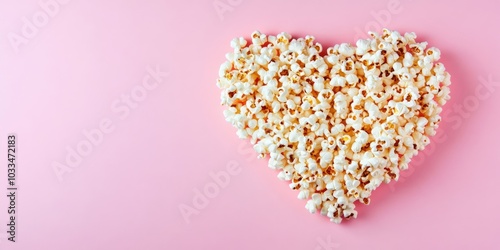 Popcorn heart on a pink background. Valentine's Day gift cinema theme. Top view flat lay with copyspace. Area for an idea, quote, or film title.