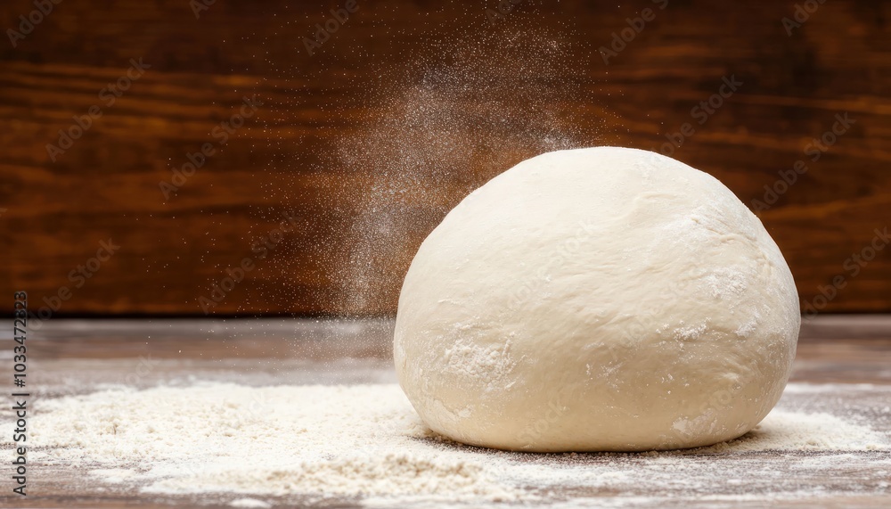 A close-up of a smooth ball of dough surrounded by flour, showcasing its texture against a rustic wooden background. A close-up of a smooth ball of dough surrounded by flour, showcasing its texture against a rustic wooden background.