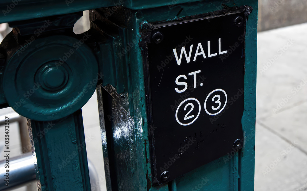 Metro undergraound entrance of Wall Street New York. Background of USA flgas. Concept of economy finance interest rate money business currency dollar financial wealth investment. Copy space for text. Metro undergraound entrance of Wall Street New York. Background of USA flgas. Concept of economy finance interest rate money business currency dollar financial wealth investment. Copy space for text.