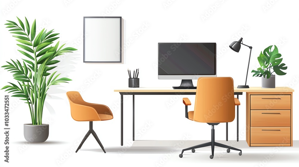 Fototapeta premium Modern office interior with desk, chair, computer, and decorative plants.