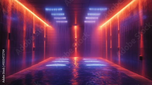 Neon Lights Reflecting in Water of Indoor Pool