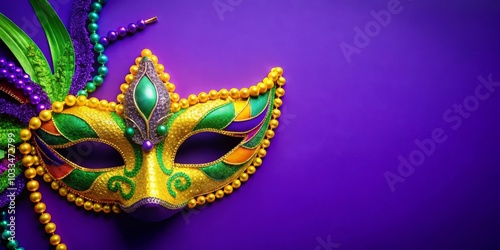 Colorful mask with green, yellow, and purple designs on a purple surface. Banner, background for Mardi Gras, carnival, celebration