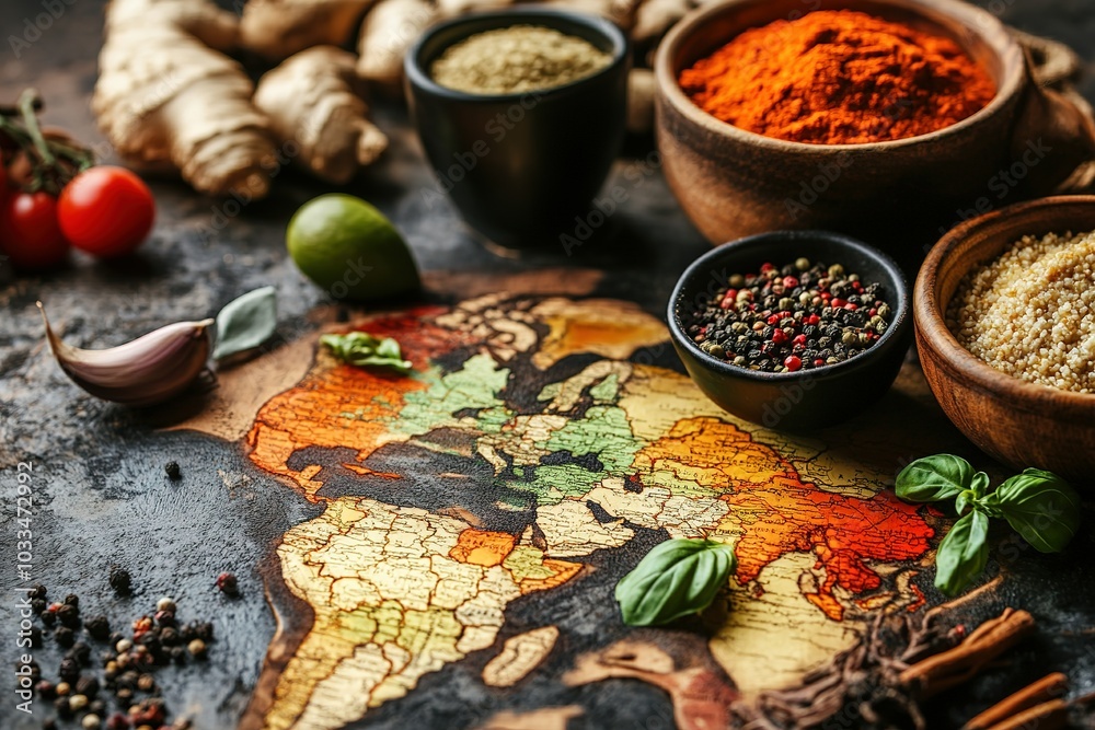 A global map with culinary ingredients highlighted in various regions with copyspace soft light artistic background.