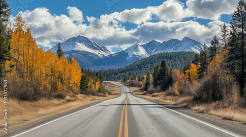 A paved road leading towards snow-capped mountains, framed by autumn trees under a blue sky
