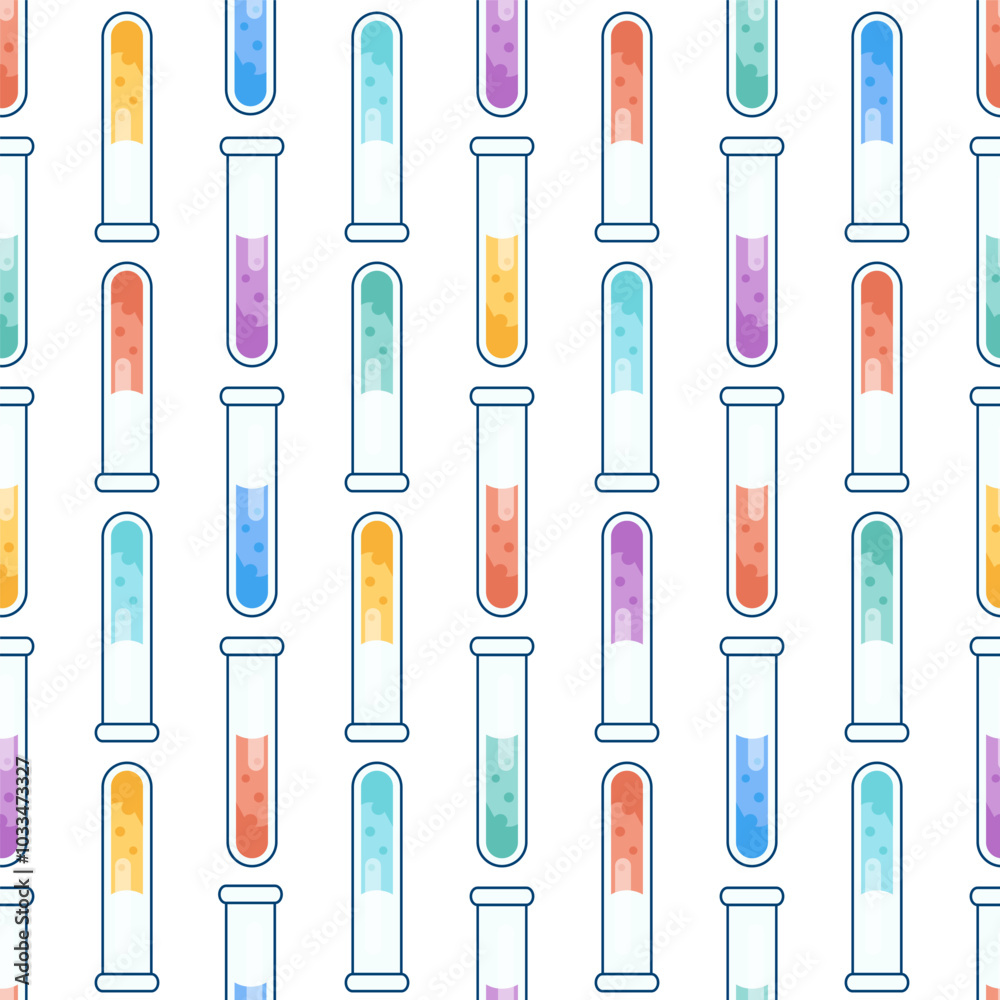 Patterns with test tubes with colored reagents. Chemical reaction, chemistry-themed concept for design Patterns with test tubes with colored reagents. Chemical reaction, chemistry-themed concept for design