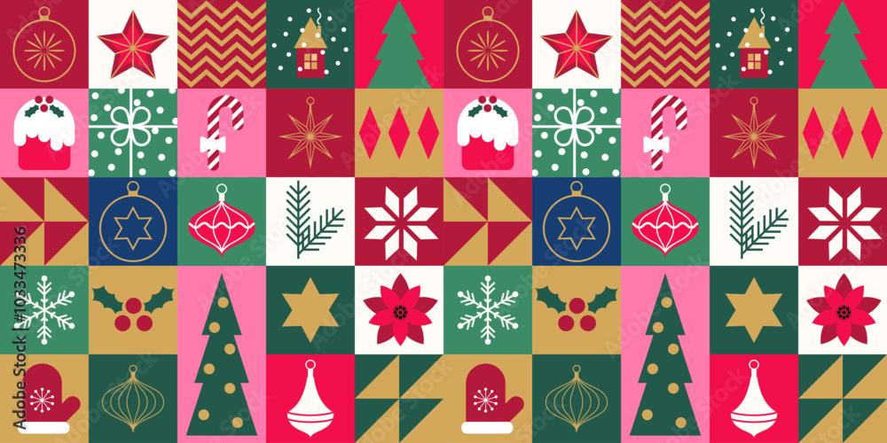 Merry Christmas and Happy New Year seamless pattern. Minimalist geometric elements. Modern Xmas abstract background. Holiday decoration. Simple flat vector illustration. Merry Christmas and Happy New Year seamless pattern. Minimalist geometric elements. Modern Xmas abstract background. Holiday decoration. Simple flat vector illustration.