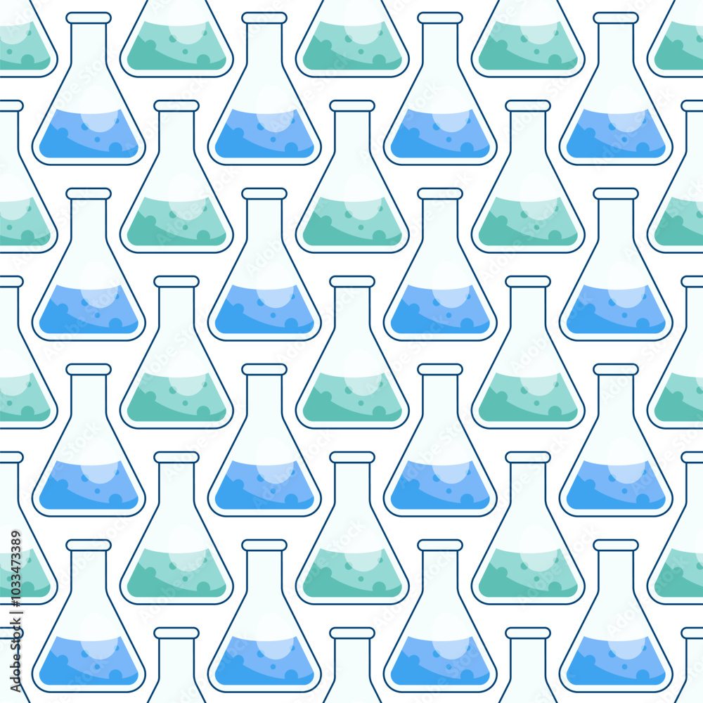 Chemical conical flasks with colored liquid. Pattern with flasks on the theme of chemistry. Infinite texture Chemical conical flasks with colored liquid. Pattern with flasks on the theme of chemistry. Infinite texture