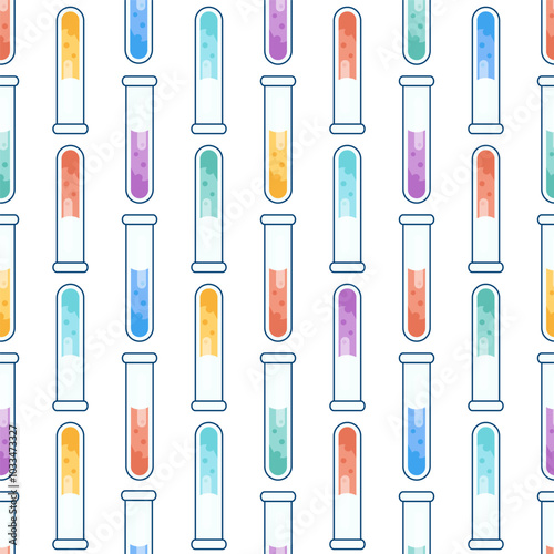 Patterns with test tubes with colored reagents. Chemical reaction, chemistry-themed concept for design
