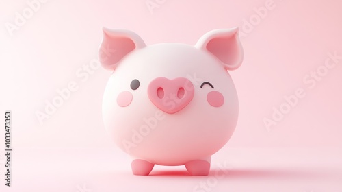 A cute cartoon pig with a pink body, black eyes, and a pink snout. It is winking and standing on a pink background.