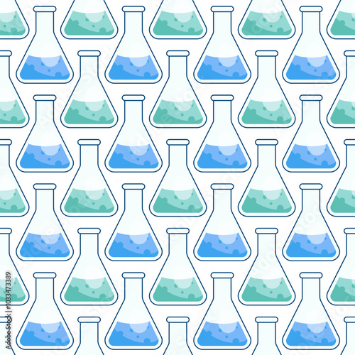 Chemical conical flasks with colored liquid. Pattern with flasks on the theme of chemistry. Infinite texture