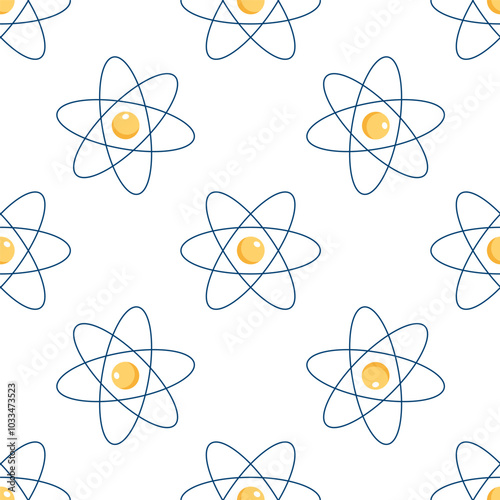 Chemical pattern. The nucleus of an atom with electron orbits. Infinite texture