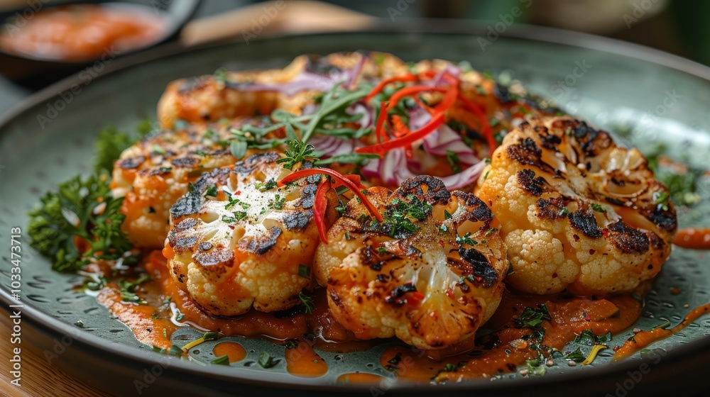 Grilled cauliflower steaks with sauce sit on a plate, garnished with herbs. Concept of gourmet plant-based cuisine. For culinary photography. Grilled cauliflower steaks with sauce sit on a plate, garnished with herbs. Concept of gourmet plant-based cuisine. For culinary photography.
