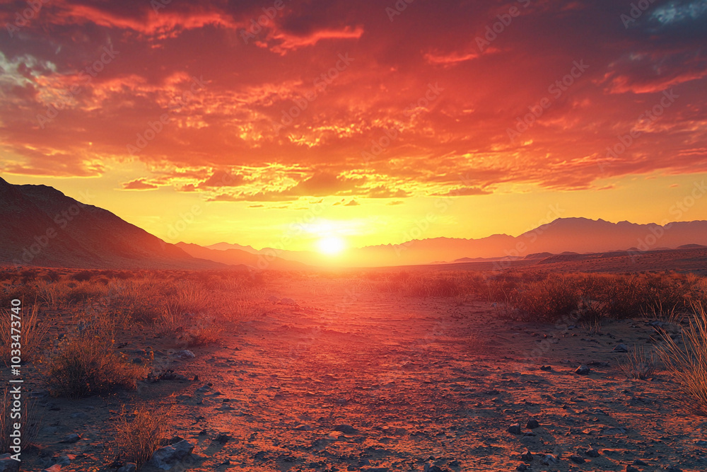 Stunning sunset over arid landscape with vibrant red and orange hues