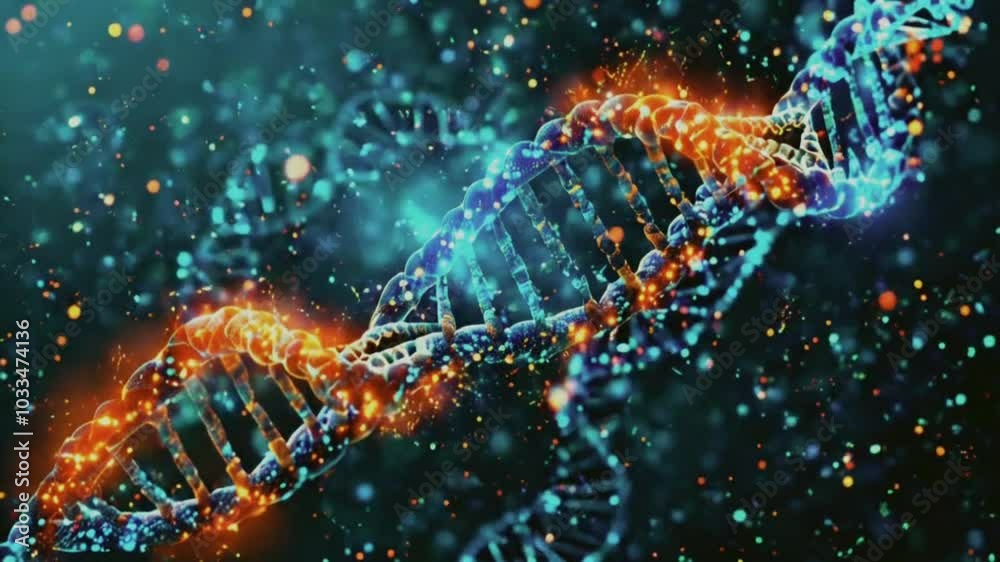 Close-up of DNA with particles in a turquoise and orange color scheme Close-up of DNA with particles in a turquoise and orange color scheme