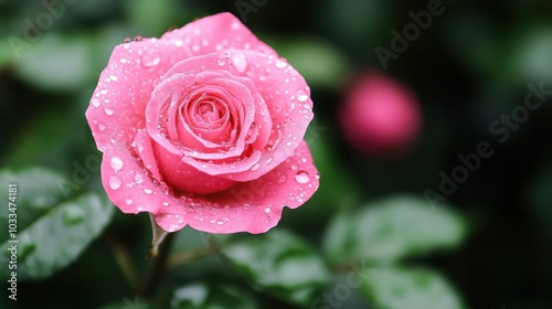 A beautiful pink rose with dewdrops glistening on its petals, surrounded by lush green leaves, symbolizing love and purity.