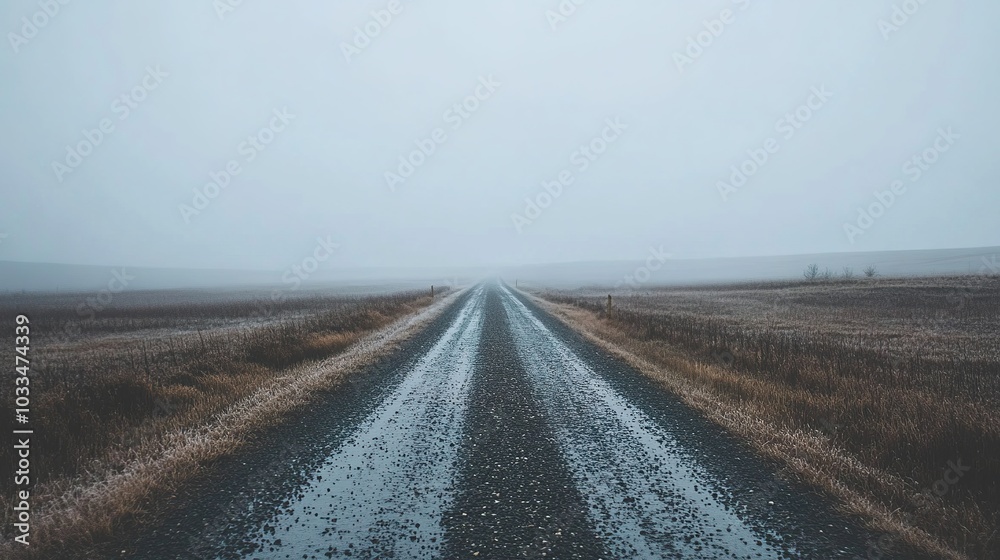 Naklejka premium Dreamy Abstract Illustration of Soft Rainy Weather with Gentle Light Creating a Fantastical Atmosphere Over a Field with a Pebbled Path, Perfectly Composed and High-Quality, Ideal for Advertising and