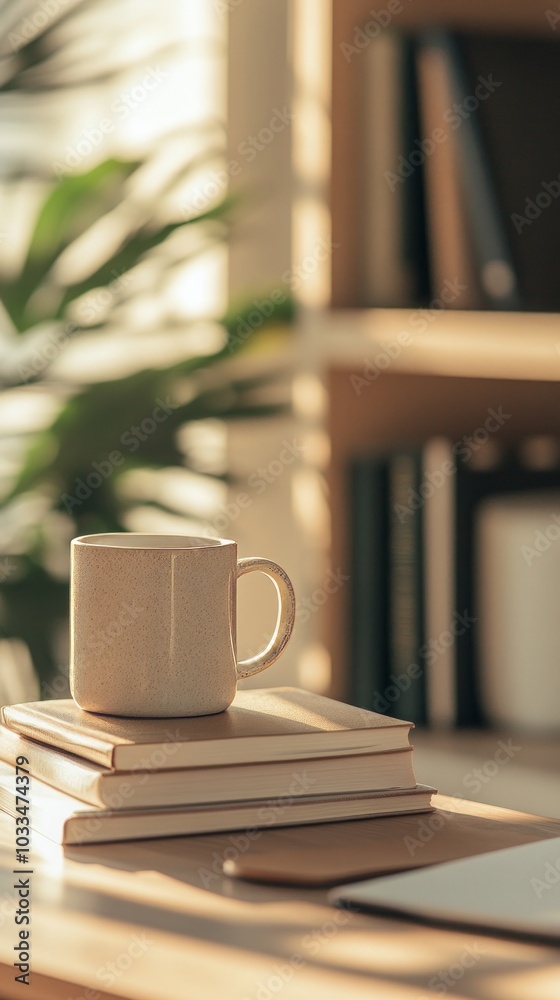 Cozy Morning Coffee Setup with Books and Sunlight Cozy Morning Coffee Setup with Books and Sunlight